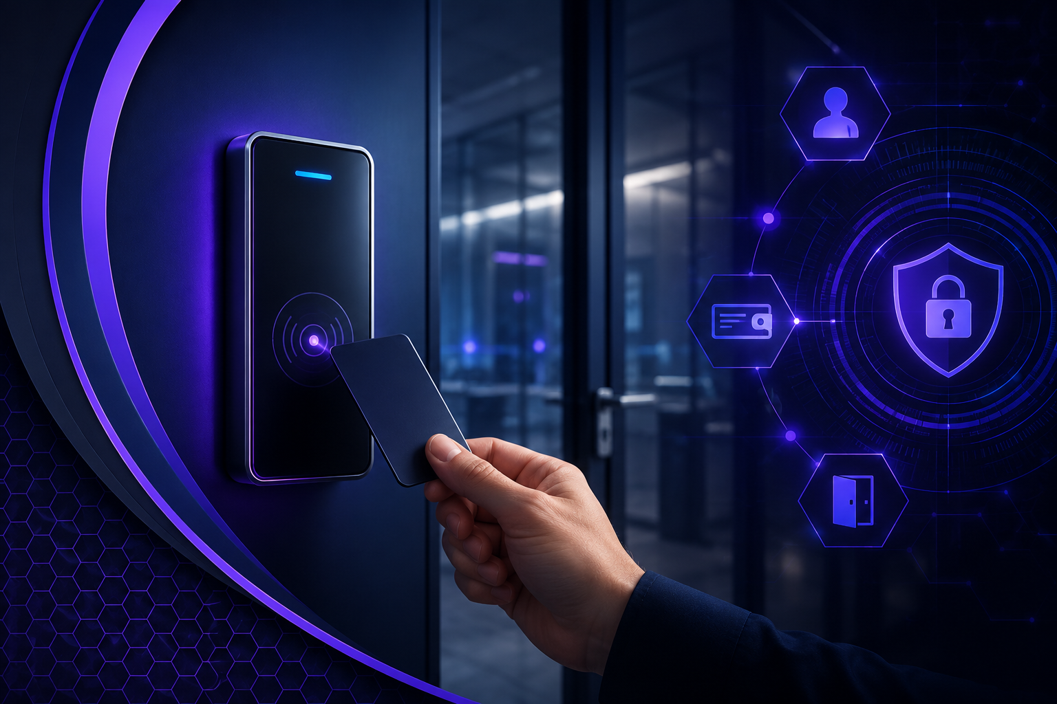 Access control card reader and security credential with digital lock graphics