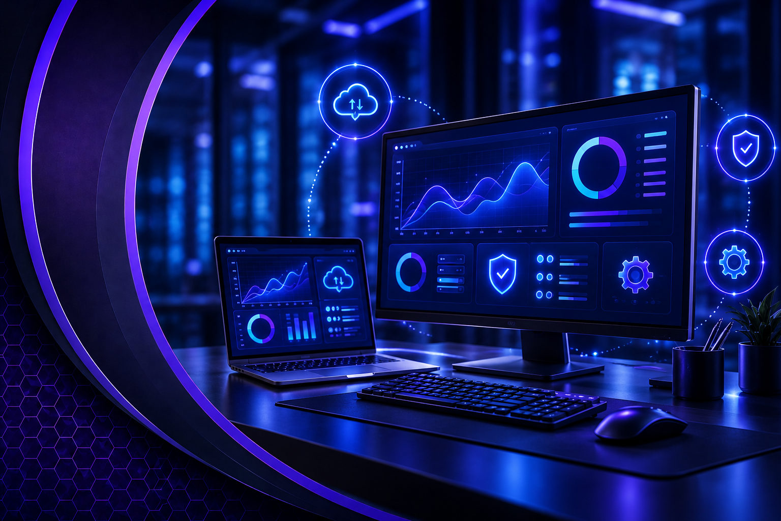 Managed IT support workstation with system monitoring, cloud backup, and cybersecurity graphics