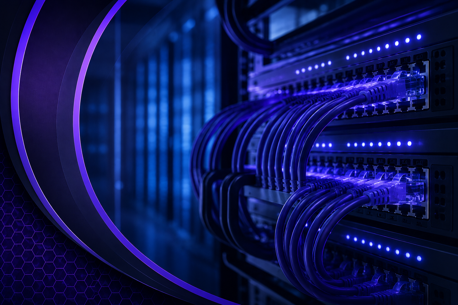 Network switches and Ethernet cabling in a server rack